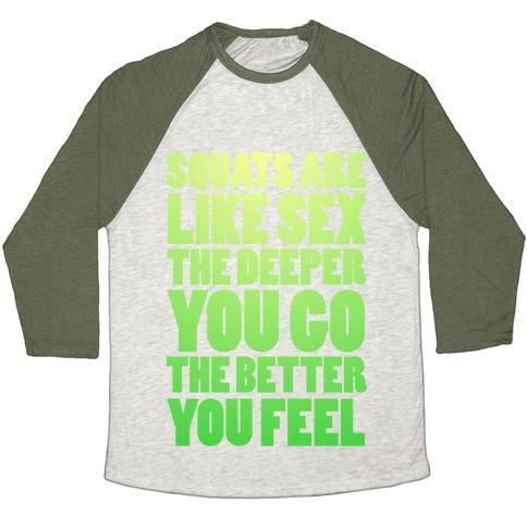 Virgin Teez  Baseball Tee Unisex Tri-Blend Baseball Tee / small / Oatmeal / Moss SQUATS ARE LIKE SEX UNISEX TRI-BLEND BASEBALL TEE