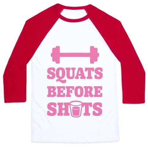 Virgin Teez  Baseball Tee Unisex Classic Baseball Tee / x-small / White/Red SQUATS BEFORE SHOTS UNISEX CLASSIC BASEBALL TEE