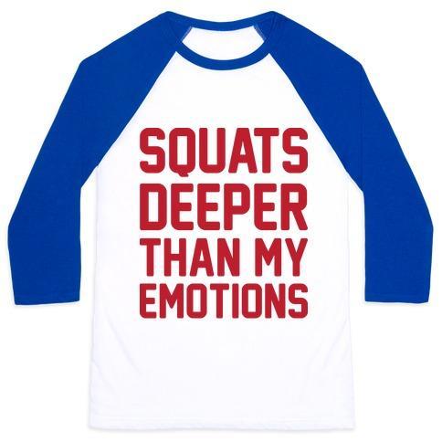 Virgin Teez  Baseball Tee Unisex Classic Baseball Tee / x-small / White/Blue SQUATS DEEPER THAN MY EMOTIONS UNISEX CLASSIC BASEBALL TEE