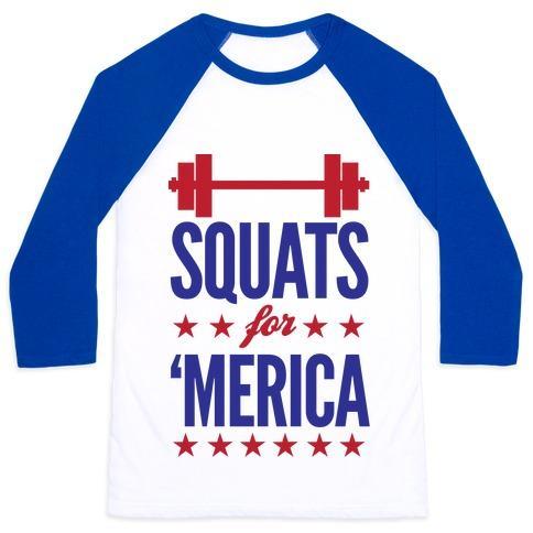 Virgin Teez  Baseball Tee Unisex Classic Baseball Tee / x-small / White/Blue SQUATS FOR MERICA UNISEX CLASSIC BASEBALL TEE"