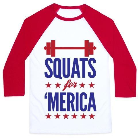 Virgin Teez  Baseball Tee Unisex Classic Baseball Tee / x-small / White/Red SQUATS FOR MERICA UNISEX CLASSIC BASEBALL TEE"
