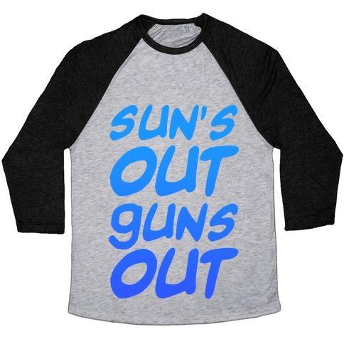 Virgin Teez  Baseball Tee Unisex Tri-Blend Baseball Tee / small / Athletic Gray / Black SUN'S OUT GUNS OUT (BLUE) UNISEX TRI-BLEND BASEBALL TEE