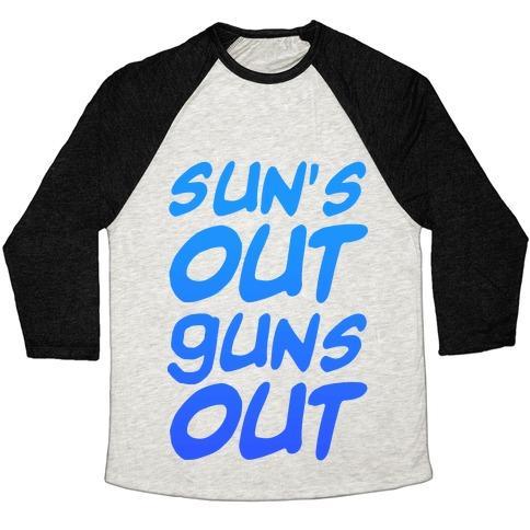 Virgin Teez  Baseball Tee Unisex Tri-Blend Baseball Tee / small / Oatmeal / Black SUN'S OUT GUNS OUT (BLUE) UNISEX TRI-BLEND BASEBALL TEE
