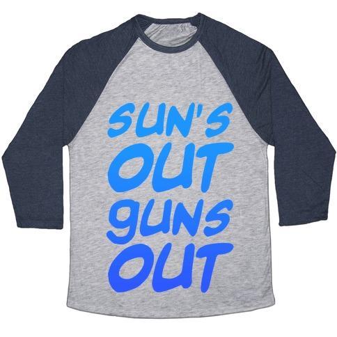 Virgin Teez  Baseball Tee Unisex Tri-Blend Baseball Tee / small / Athletic Gray / Navy SUN'S OUT GUNS OUT (BLUE) UNISEX TRI-BLEND BASEBALL TEE