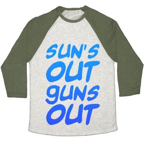 Virgin Teez  Baseball Tee Unisex Tri-Blend Baseball Tee / small / Oatmeal / Moss SUN'S OUT GUNS OUT (BLUE) UNISEX TRI-BLEND BASEBALL TEE