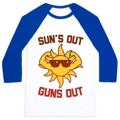 Virgin Teez  Baseball Tee Unisex Classic Baseball Tee / x-small / White/Blue SUN'S OUT GUNS OUT UNISEX CLASSIC BASEBALL TEE