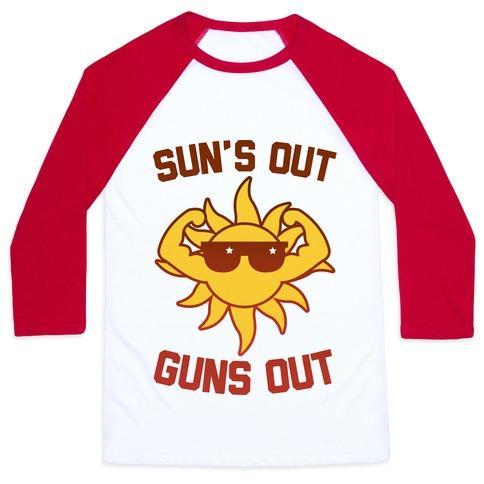 Virgin Teez  Baseball Tee Unisex Classic Baseball Tee / x-small / White/Red SUN'S OUT GUNS OUT UNISEX CLASSIC BASEBALL TEE