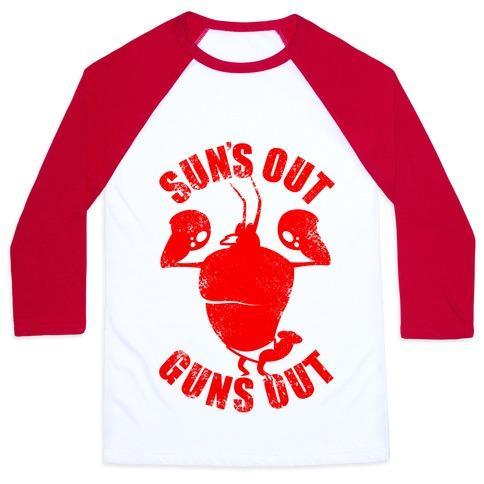 Virgin Teez  Baseball Tee Unisex Classic Baseball Tee / x-small / White/Red SUN'S OUT GUNS OUT UNISEX CLASSIC BASEBALL TEE