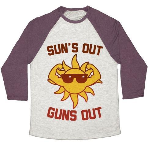 Virgin Teez  Baseball Tee Unisex Tri-Blend Baseball Tee / small / Oatmeal / Maroon SUN'S OUT GUNS OUT UNISEX TRI-BLEND BASEBALL TEE