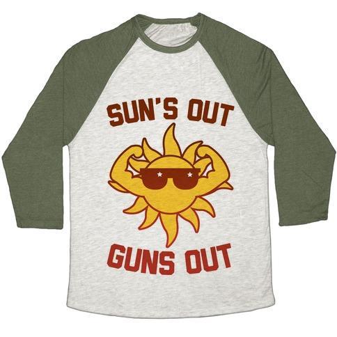 Virgin Teez  Baseball Tee Unisex Tri-Blend Baseball Tee / small / Oatmeal / Moss SUN'S OUT GUNS OUT UNISEX TRI-BLEND BASEBALL TEE