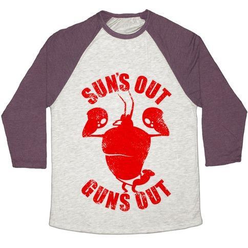 Virgin Teez  Baseball Tee Unisex Tri-Blend Baseball Tee / small / Oatmeal / Maroon SUN'S OUT GUNS OUT UNISEX TRI-BLEND BASEBALL TEE