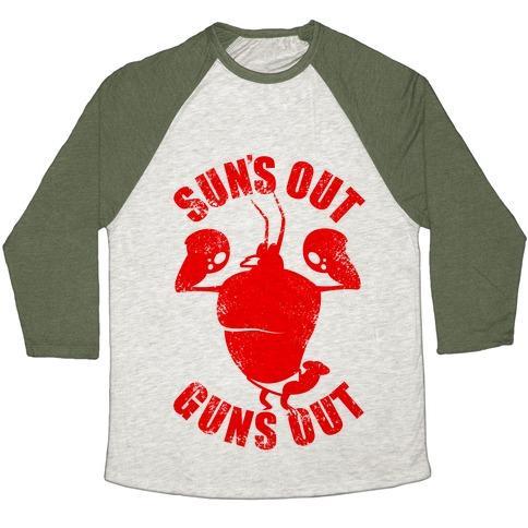 Virgin Teez  Baseball Tee Unisex Tri-Blend Baseball Tee / small / Oatmeal / Moss SUN'S OUT GUNS OUT UNISEX TRI-BLEND BASEBALL TEE