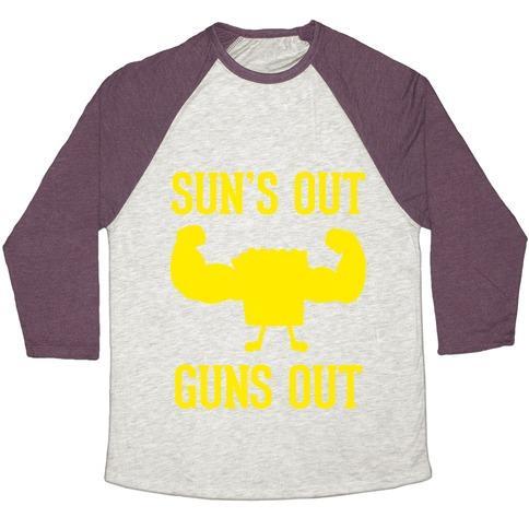 Virgin Teez  Baseball Tee Unisex Tri-Blend Baseball Tee / small / Oatmeal / Maroon SUN'S OUT GUNS OUT UNISEX TRI-BLEND BASEBALL TEE