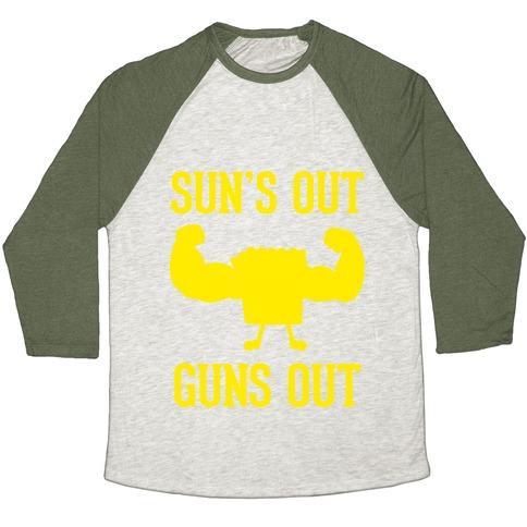 Virgin Teez  Baseball Tee Unisex Tri-Blend Baseball Tee / small / Oatmeal / Moss SUN'S OUT GUNS OUT UNISEX TRI-BLEND BASEBALL TEE