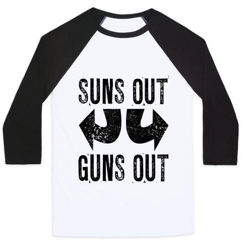 Virgin Teez  Baseball Tee Unisex Classic Baseball Tee / x-small / White/Black SUNS OUT, GUNS OUT (TANK) UNISEX CLASSIC BASEBALL TEE