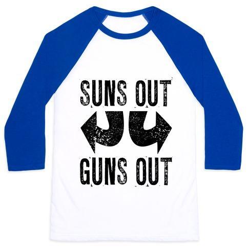 Virgin Teez  Baseball Tee Unisex Classic Baseball Tee / x-small / White/Blue SUNS OUT, GUNS OUT (TANK) UNISEX CLASSIC BASEBALL TEE