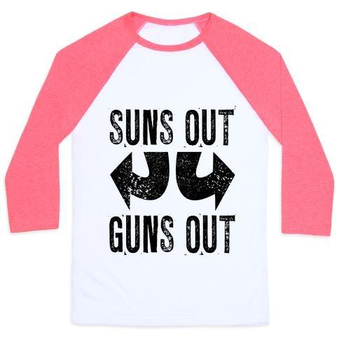 Virgin Teez  Baseball Tee Unisex Classic Baseball Tee / x-small / White/Neon Pink SUNS OUT, GUNS OUT (TANK) UNISEX CLASSIC BASEBALL TEE