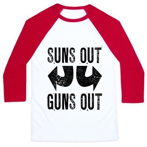 Virgin Teez  Baseball Tee Unisex Classic Baseball Tee / x-small / White/Red SUNS OUT, GUNS OUT (TANK) UNISEX CLASSIC BASEBALL TEE