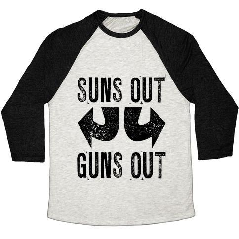 Virgin Teez  Baseball Tee Unisex Tri-Blend Baseball Tee / small / Oatmeal / Black SUNS OUT, GUNS OUT (TANK) UNISEX TRI-BLEND BASEBALL TEE