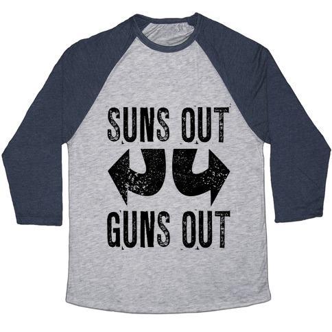 Virgin Teez  Baseball Tee Unisex Tri-Blend Baseball Tee / small / Athletic Gray / Navy SUNS OUT, GUNS OUT (TANK) UNISEX TRI-BLEND BASEBALL TEE