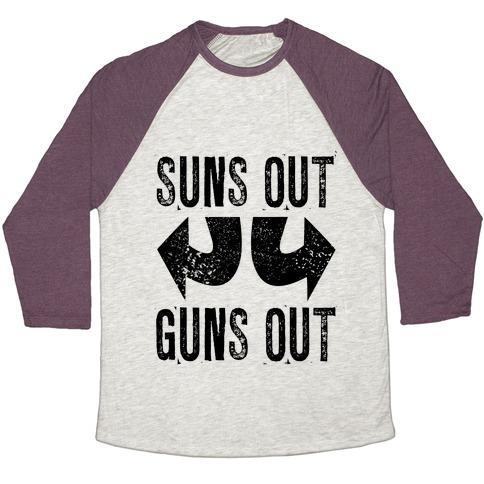 Virgin Teez  Baseball Tee Unisex Tri-Blend Baseball Tee / small / Oatmeal / Maroon SUNS OUT, GUNS OUT (TANK) UNISEX TRI-BLEND BASEBALL TEE