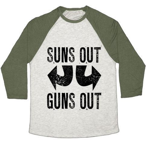 Virgin Teez  Baseball Tee Unisex Tri-Blend Baseball Tee / small / Oatmeal / Moss SUNS OUT, GUNS OUT (TANK) UNISEX TRI-BLEND BASEBALL TEE