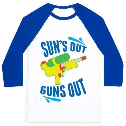 Virgin Teez  Baseball Tee Unisex Classic Baseball Tee / x-small / White/Blue SUNS OUT, GUNS OUT UNISEX CLASSIC BASEBALL TEE