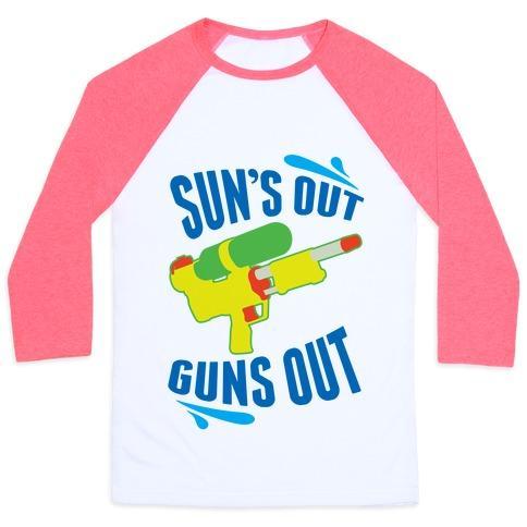 Virgin Teez  Baseball Tee Unisex Classic Baseball Tee / x-small / White/Neon Pink SUNS OUT, GUNS OUT UNISEX CLASSIC BASEBALL TEE