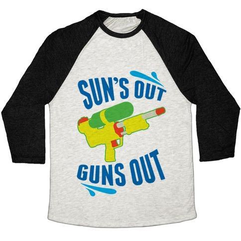 Virgin Teez  Baseball Tee Unisex Tri-Blend Baseball Tee / small / Oatmeal / Black SUNS OUT, GUNS OUT UNISEX TRI-BLEND BASEBALL TEE