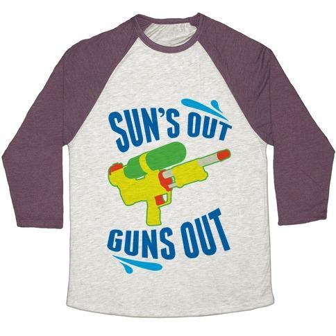 Virgin Teez  Baseball Tee Unisex Tri-Blend Baseball Tee / small / Oatmeal / Maroon SUNS OUT, GUNS OUT UNISEX TRI-BLEND BASEBALL TEE