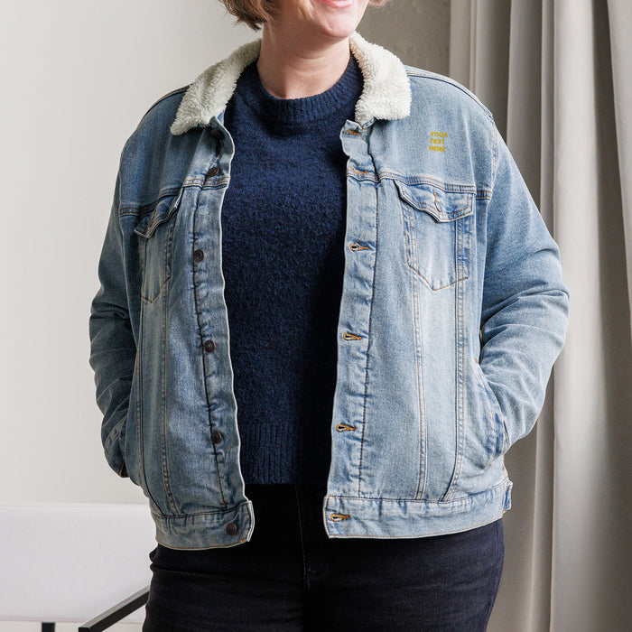 Personalized Embroidered Denim Jacket , Custom Denim Jacket, Embroidery With Your Own Text, Custom Unisex Denim Sherpa jacket